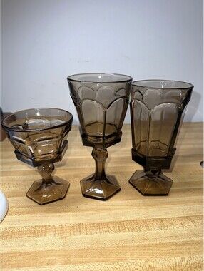 Vintage Fostoria Virginia Brown Water Goblet Glass Set of 3